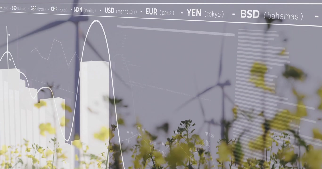 Yellow blooms growing, wind turbine blades spinning behind, financial charts overlaying sky