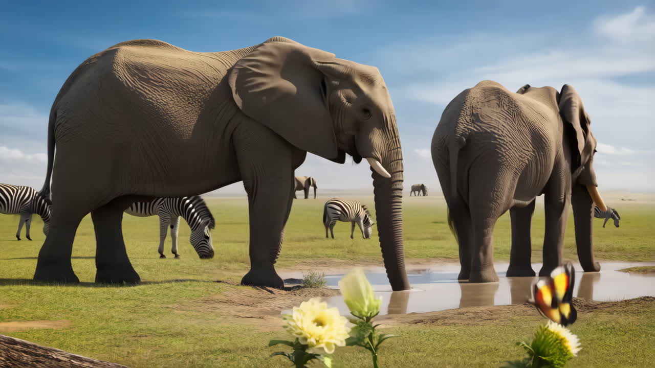 Elephants and Zebras in the African Savanna