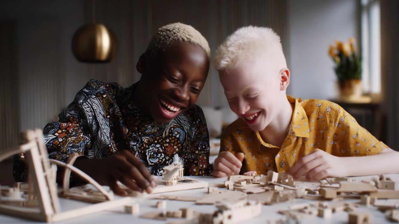Two Joyful Children Engaged in Creative Play with Wooden Building Blocks, Showcasing Shared Laughter and the Joy of Imagination in a Bright, Inviting Space