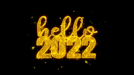 hola 2022, el texto de deseos hace chispas en el fondo negro.
