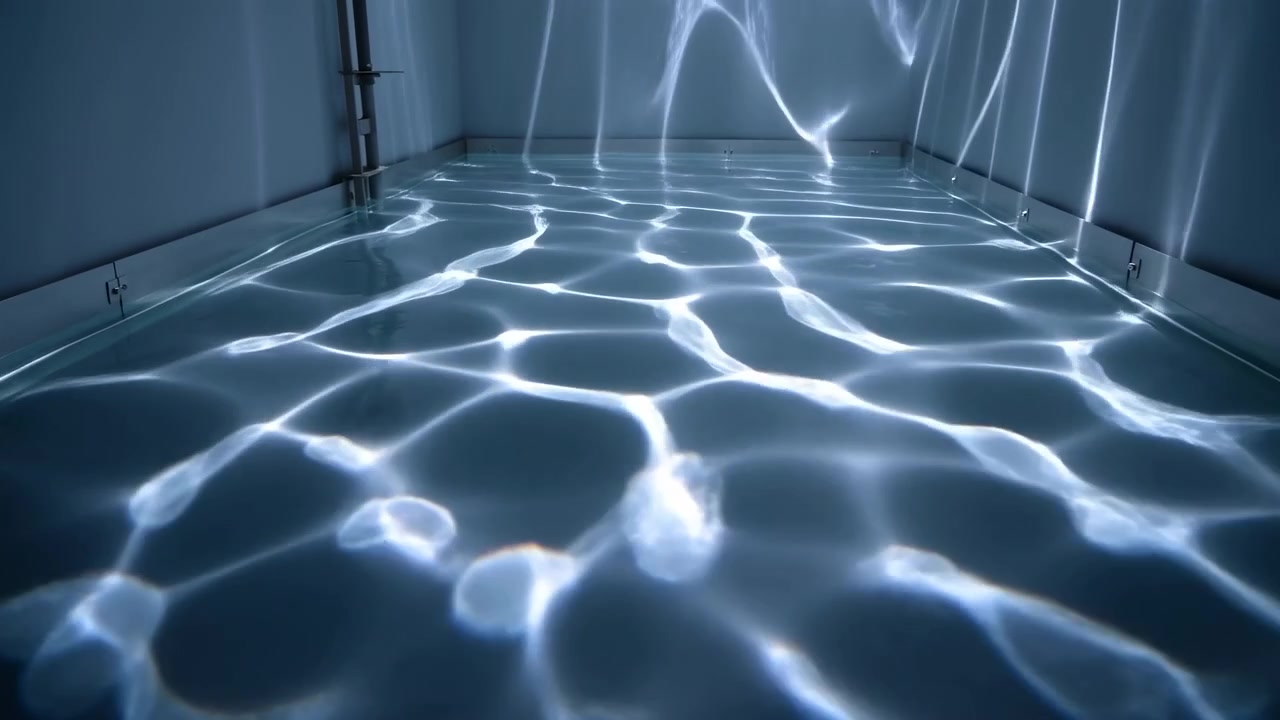 Riflessi di luce luminosi e increspati si diffondono su un pavimento liscio e riflettente in uno spazio interno stretto, con tenui tonalità blu e striature luminose sulle pareti.