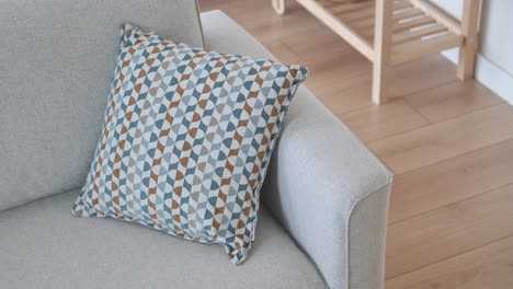 stylish gray sofa with geometric pillow