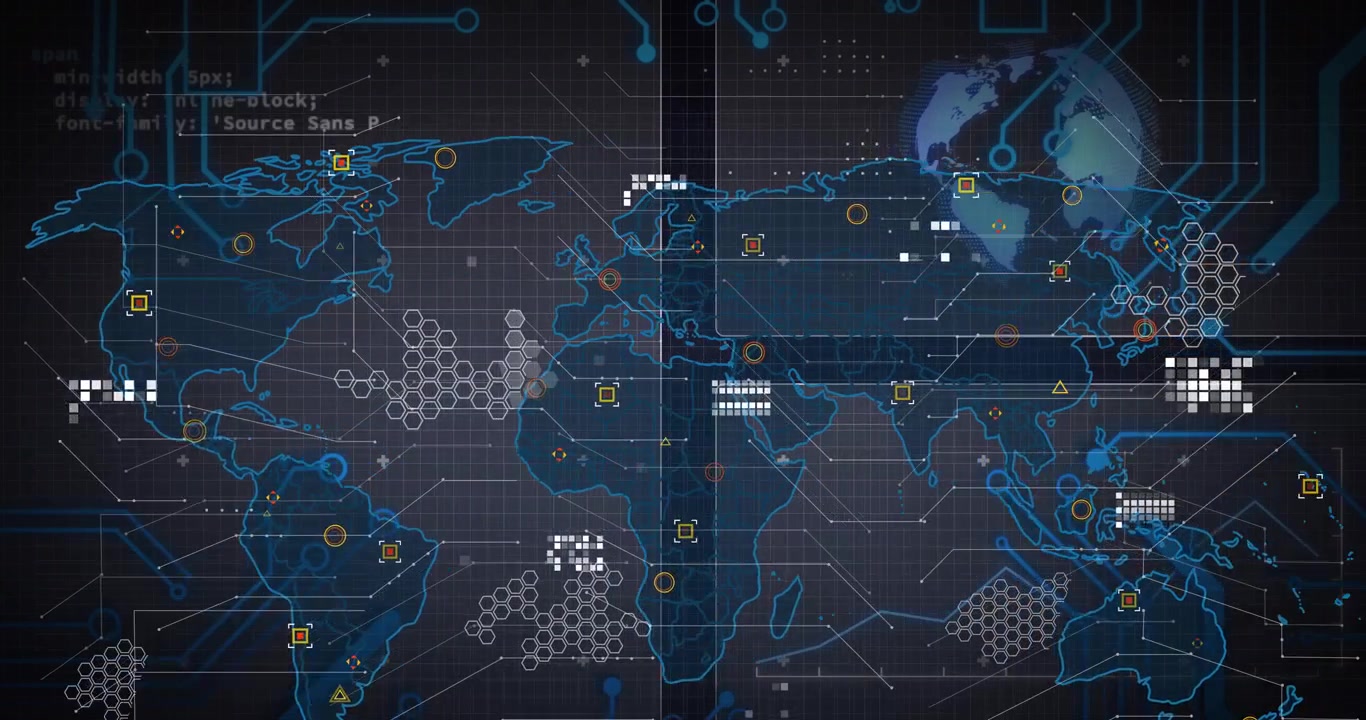 Backdrop opening causing neon map lines fading, code markers and hex-clusters animating data links