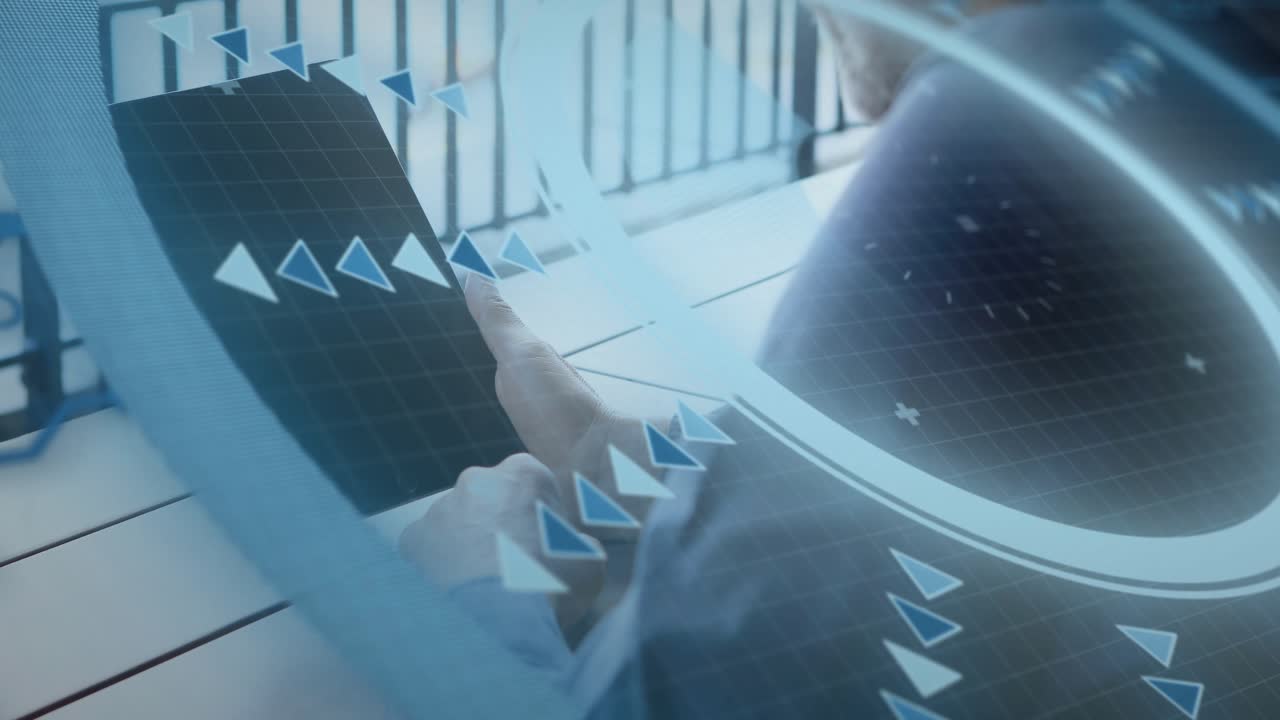 Adult male sitting on balcony touching tablet and using technology, animated HUD arrows responding