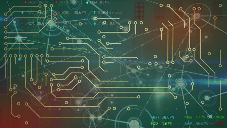 Animation of digital interface with network of connections on dark background