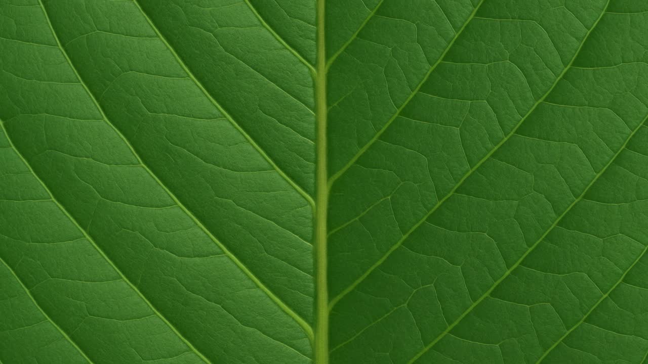 Macro hyperlapse of a leaf showing perfect symmetry and vivid vein structure found in natural foliage patterns.