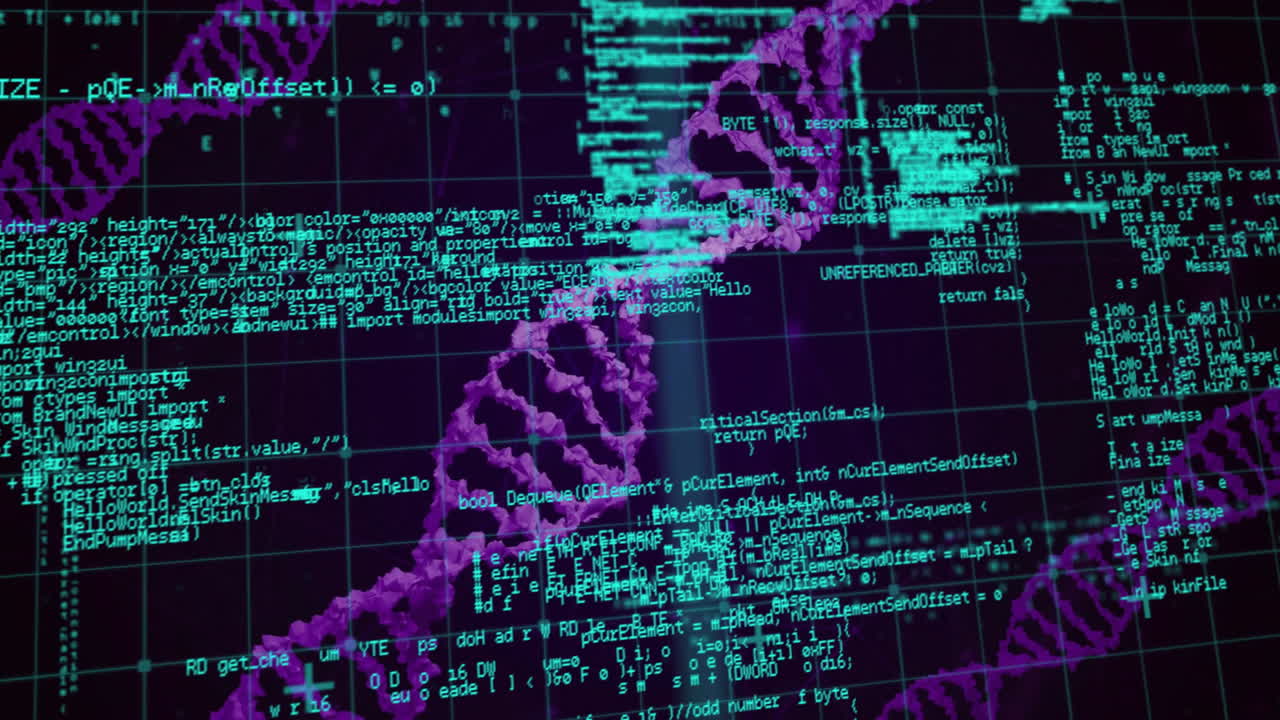 animación del procesamiento de datos sobre cadenas de adn en fondo negro