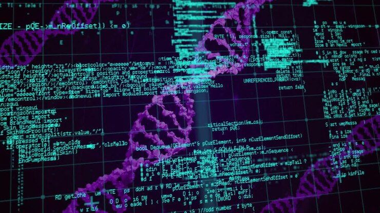 Animation of data processing over dna strands on black backgroud
