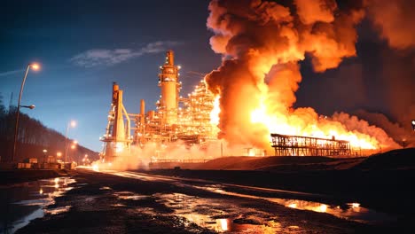 fire engulfs large industrial facility at night creating a dramatic scene