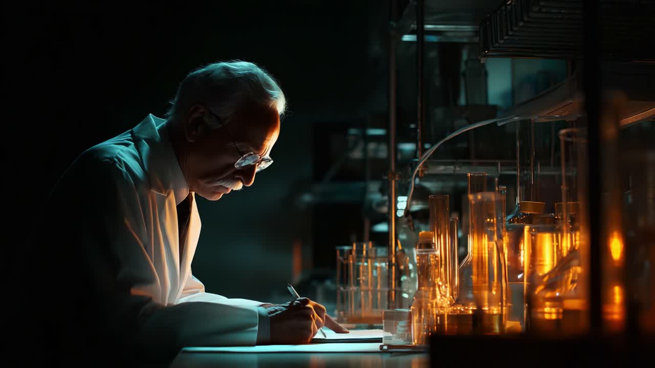 An aged scientist diligently engages in research, writing down observations in a dimly lit laboratory filled with glowing glass apparatus and essential scientific tools