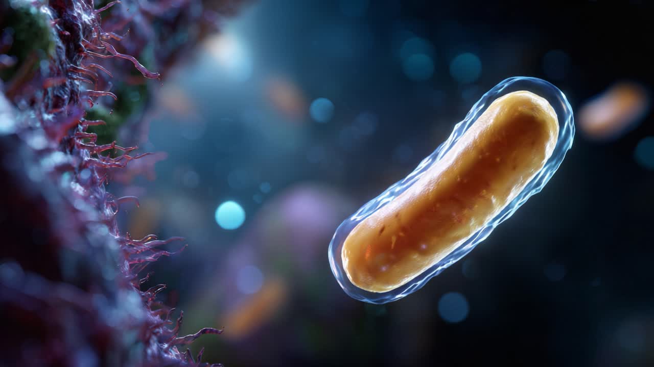 Microscopic View of Bacteria in a Biological Environment, Showcasing Cell Structure, Movement, and Interactions in a Vibrant and Colorful Setting
