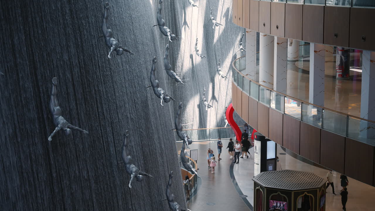 Dubai Mall Interior with Waterfall and Sculptures