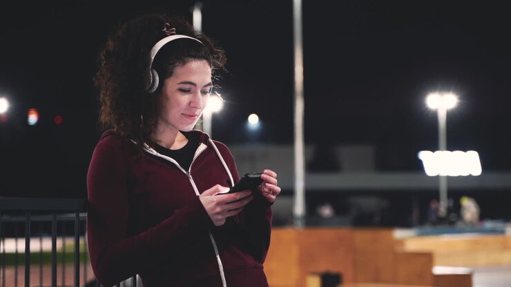 Sportiva caucasica sorridente ascolta musica con cuffie Bluetooth e messaggia sul suo cellulare mentre si prende una pausa dalla sessione di allenamento notturna al parco.