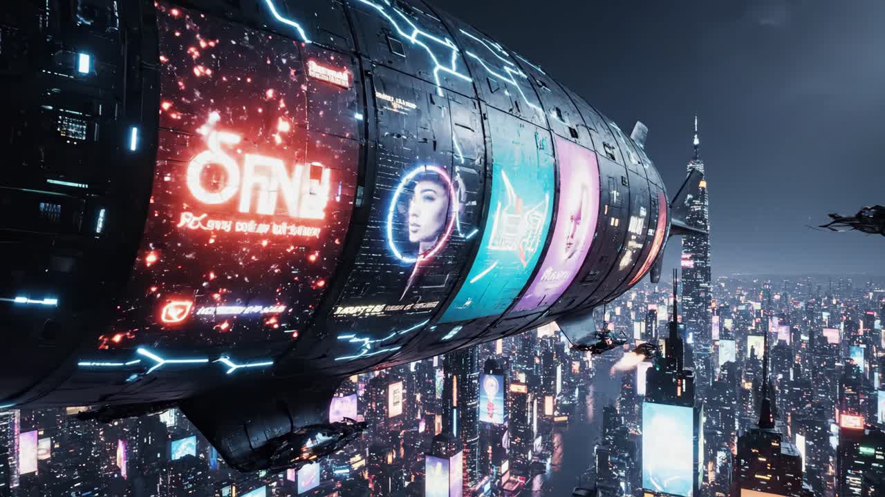 Futuristic Cyberpunk Cityscape with Airship