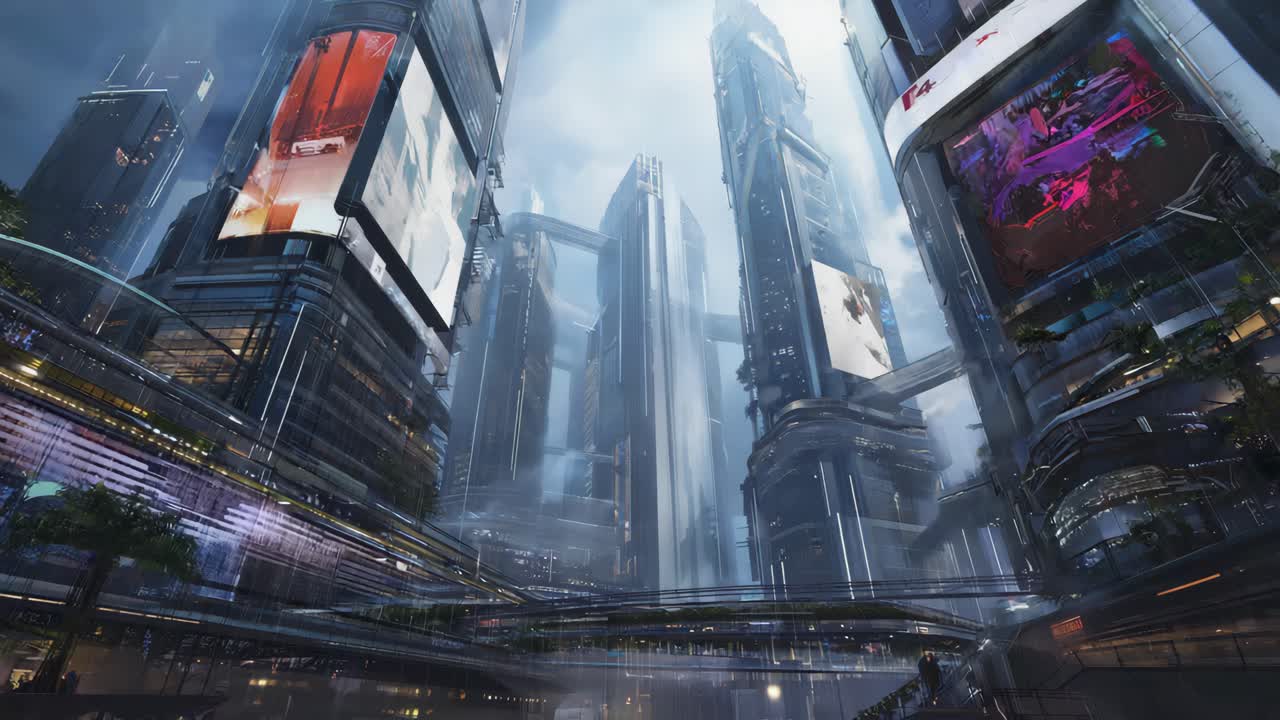Futuristic Cityscape with Skyscrapers and Cyberpunk Elements