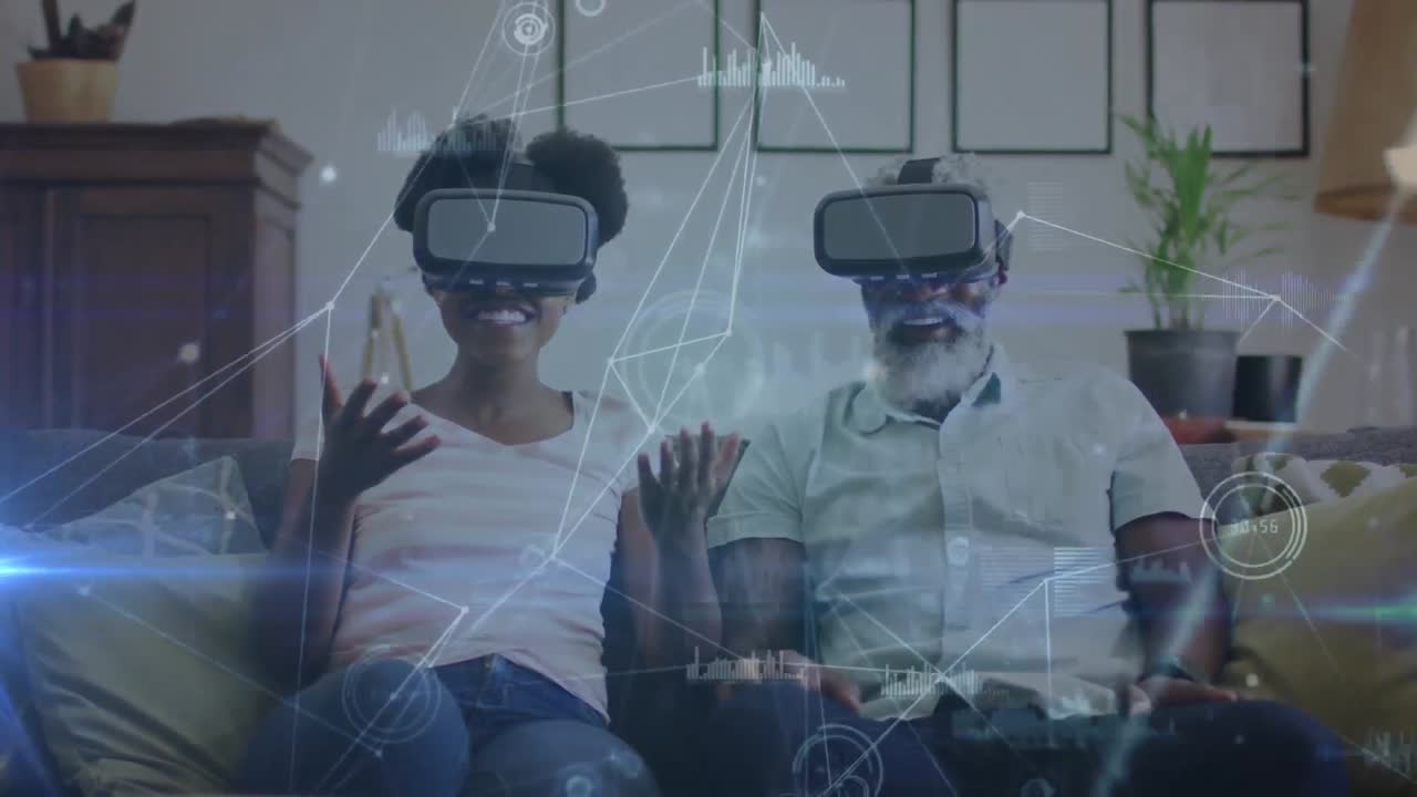 Animation of data processing with network over african american man and woman using vr headsets