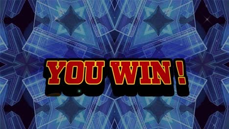 animation of you win text over colorful moving kaleidoscopic shapes on dark background