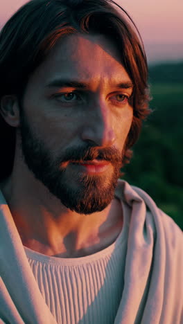 jesus in a meadow at sunset