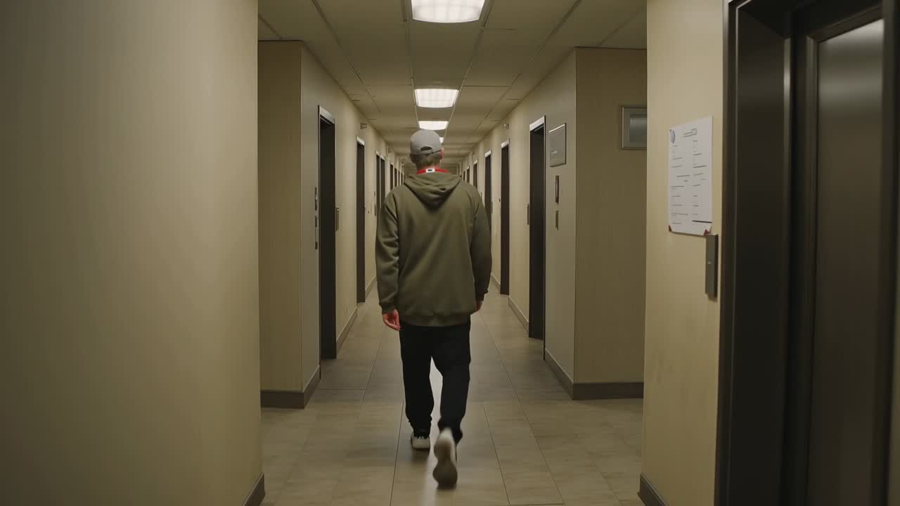 La telecamera inizia a seguire un uomo che indossa un cappello con la visiera all'indietro e una felpa con cappuccio, camminando lungo un corridoio e passando accanto a delle porte.