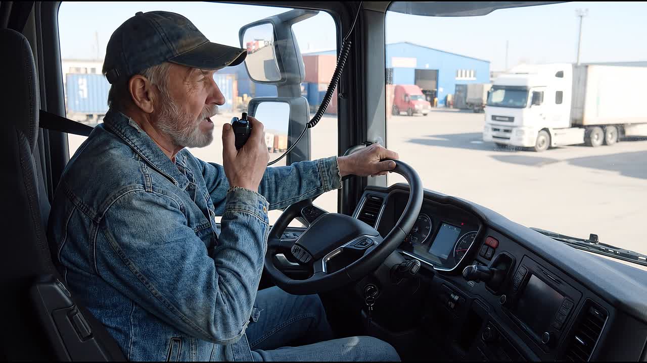 Motorista de caminhão operando os controles do veículo dentro da cabine, enquanto estacionado em um movimentado pátio de logística.