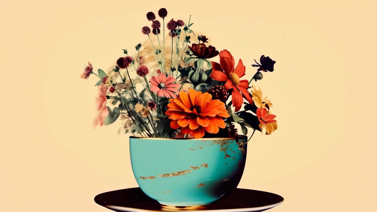 Lebendiger Wildblumenstrauß in einer dekorativen türkisfarbenen Teetasse