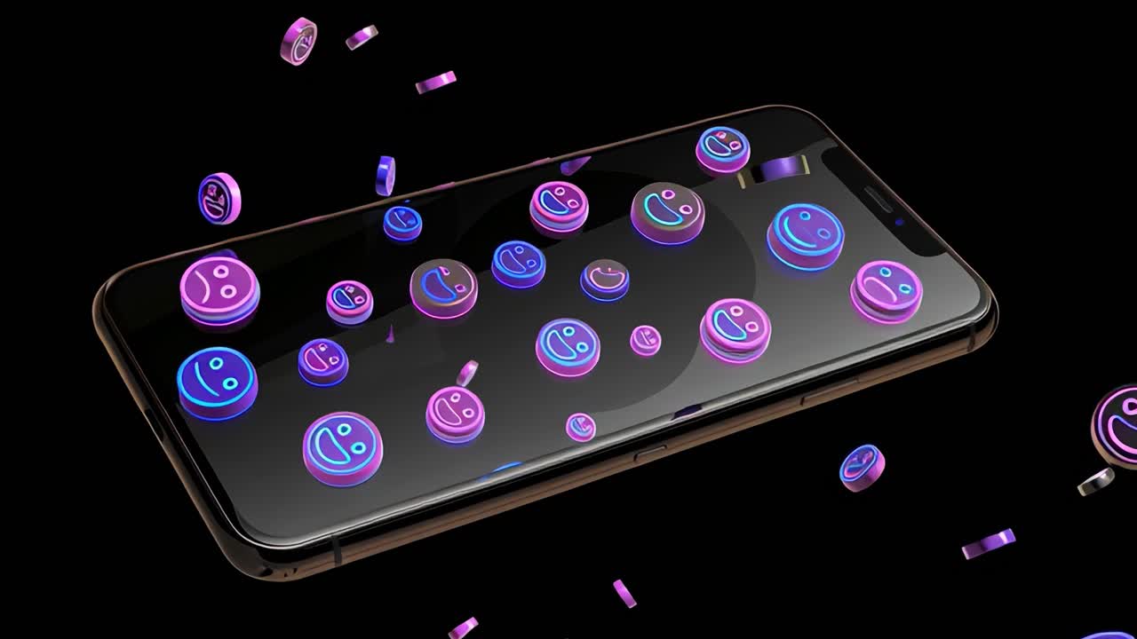 A mesmerizing display of playful emoji icons floating around a smartphone screen, showcasing a vibrant blend of colors and dynamic graphics that evoke a sense of joy and connectivity