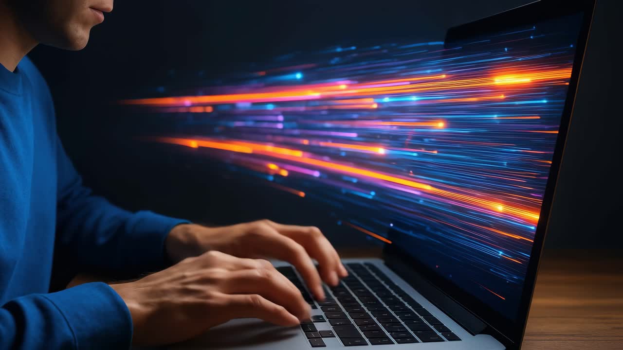 Side angle of a person typing on a laptop with dynamic, colorful light trails, suggesting fast data