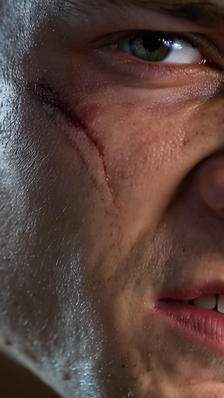Close-up of a man's eye and cheek. Fresh cut runs down his face. He looks alert, focused, and wounded. This video conveys intensity, struggle, or survival. Perfect for action, drama