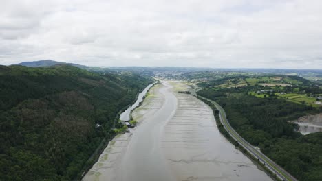 aerial flight of the flagstaff viewpoint area, countryside, newry, northern ireland during the summer