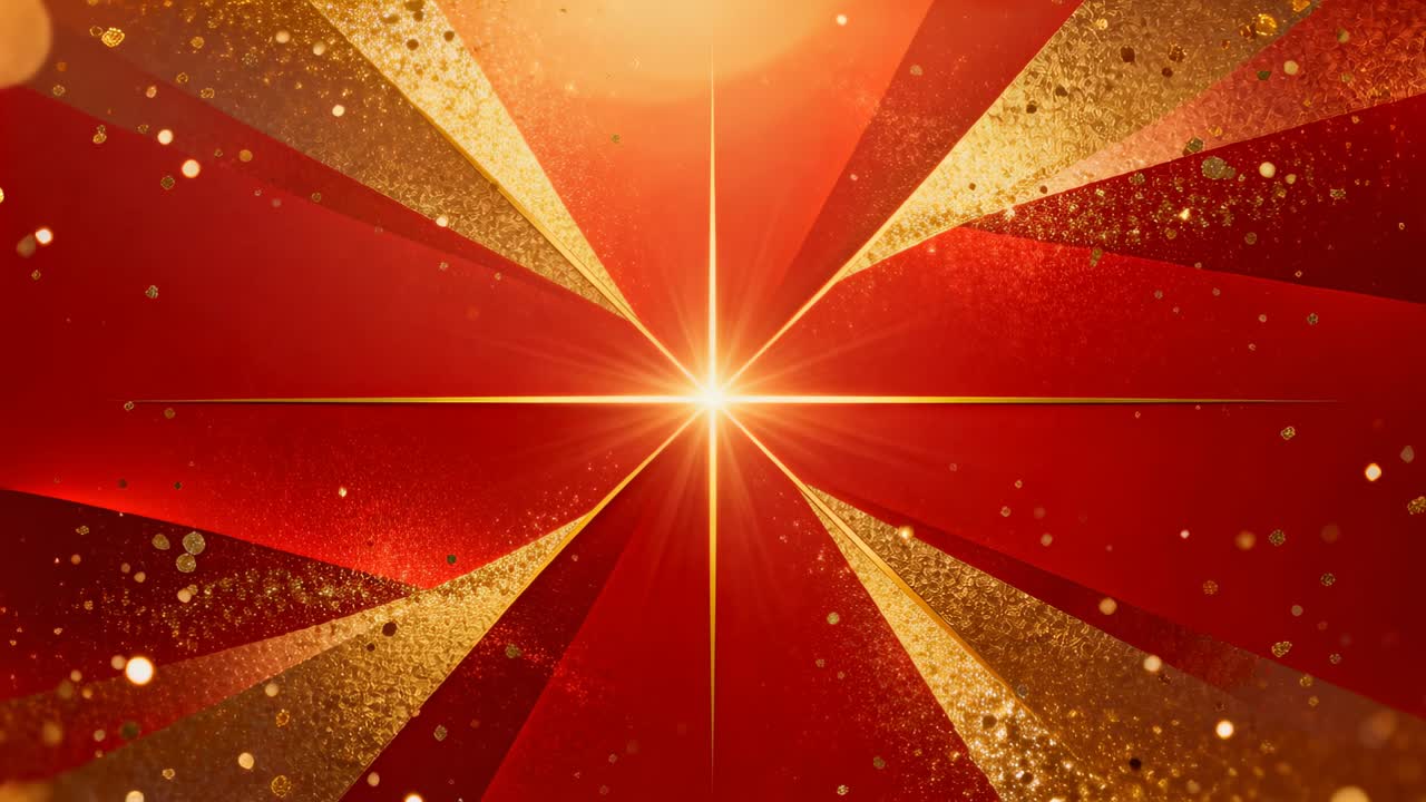 Central flare appearing and intensifying, revealing gold beams and drifting glitter for marketing