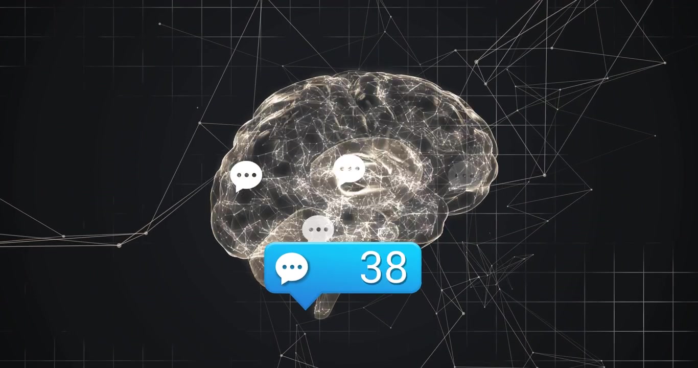 Glødende hjerne vises på rutenett, teller oppdateres til 77, chat-ikoner mangedobles og viser interaksjon.