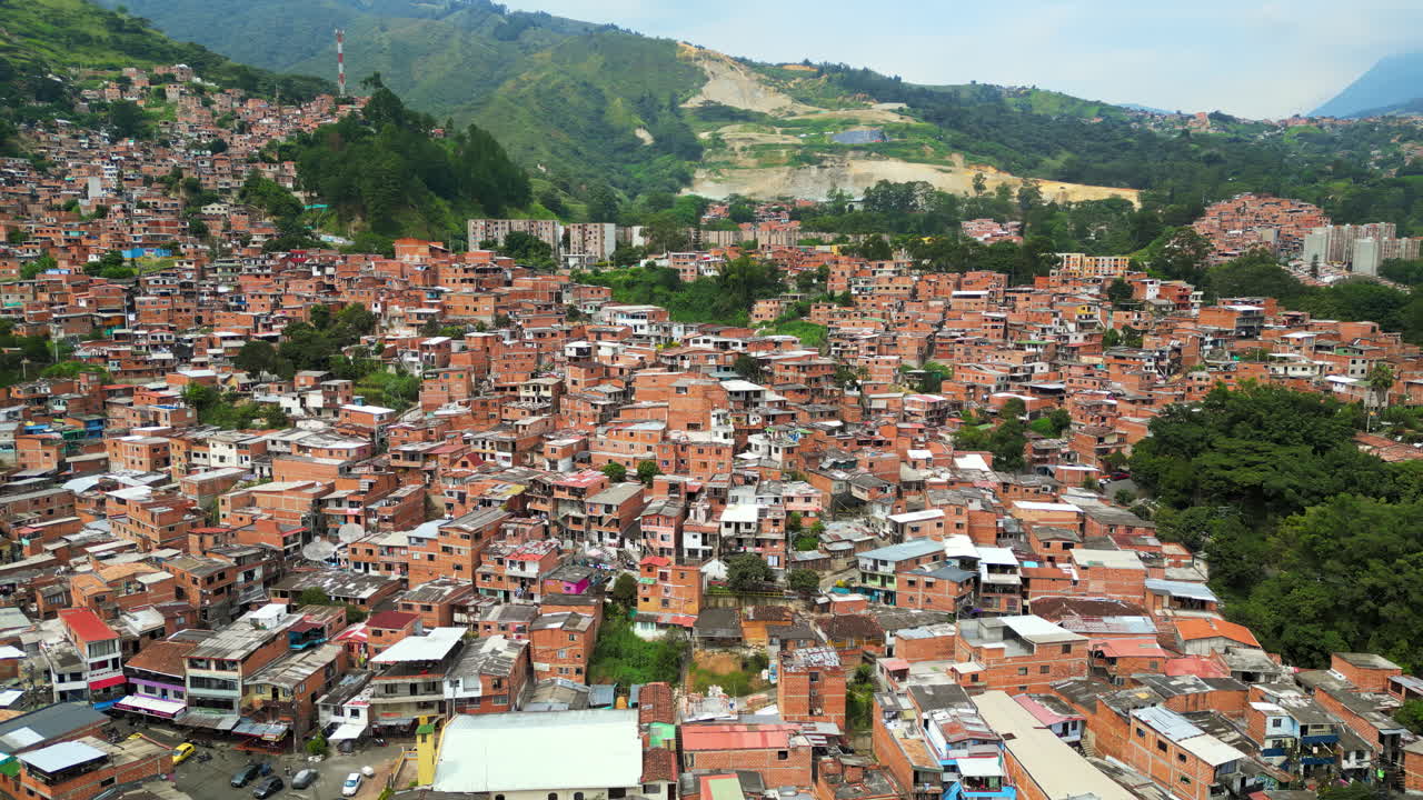 Aerial drone view of Medellin, historic hillside town in Colombia in daylight