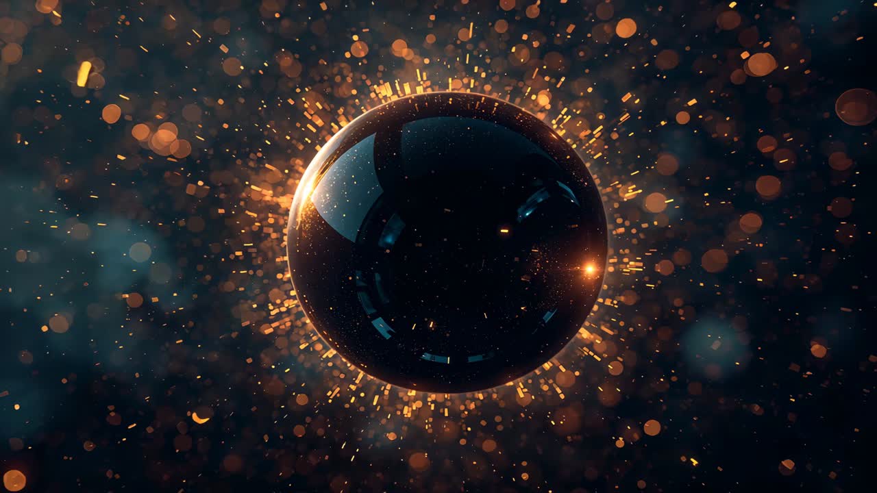 Forming orange corona around glossy dark sphere in particle field, emitting sparks, lifting plates
