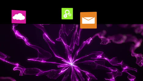 animación de múltiples iconos en cuadrados multicolores sobre un patrón abstracto púrpura.
