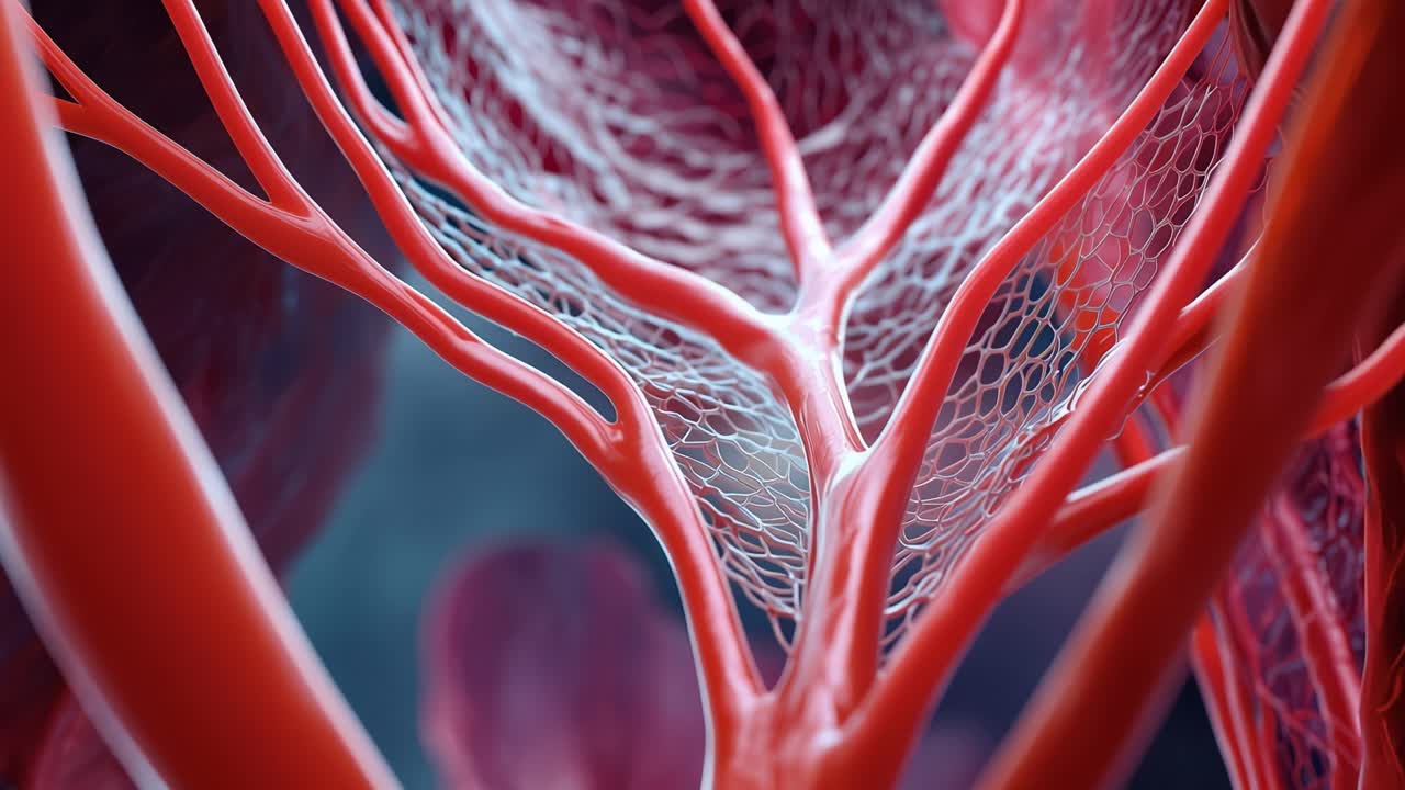 Intrincada estructura vascular que muestra venas rojas y redes entrelazadas en una visualización biológica detallada de los componentes del sistema circulatorio.