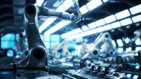 advanced robotic arm operates in a modern manufacturing facility, demonstrating precision and efficiency in assembling various components.