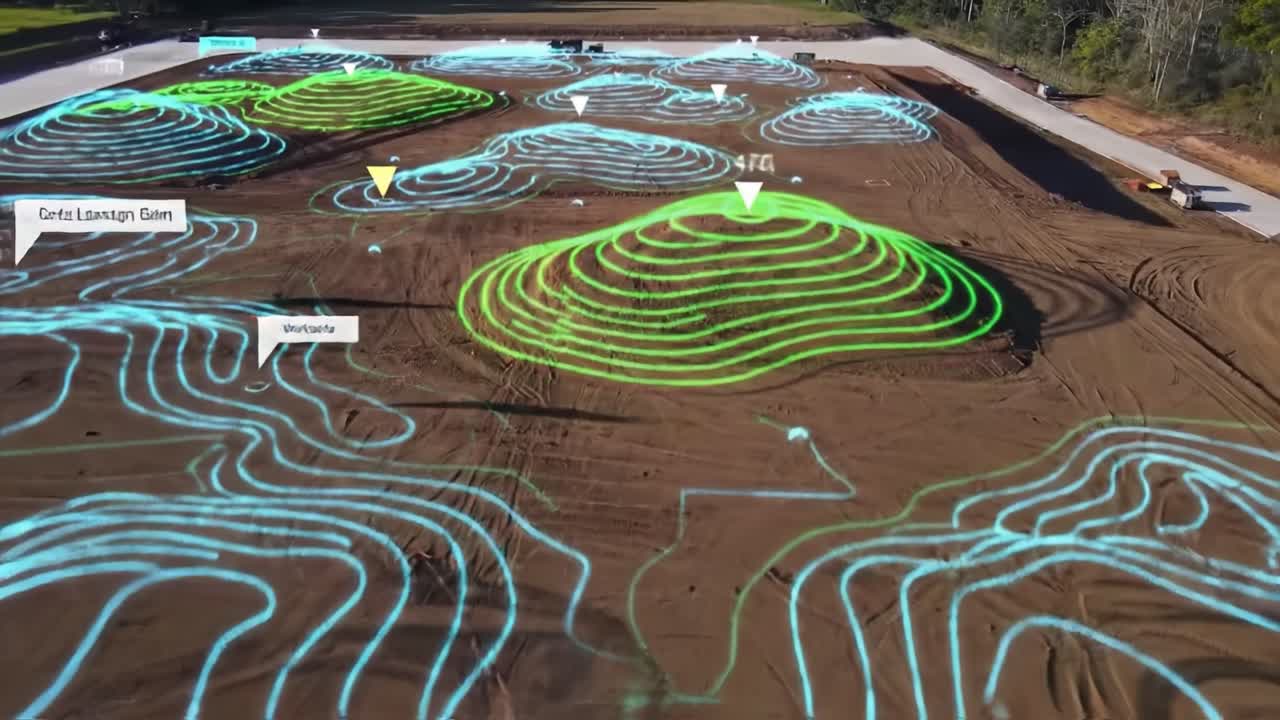 Advanced contour lines displayed on a construction site show innovative land contouring techniques for effective water management and landscaping. The vibrant colors indicate different elevations.