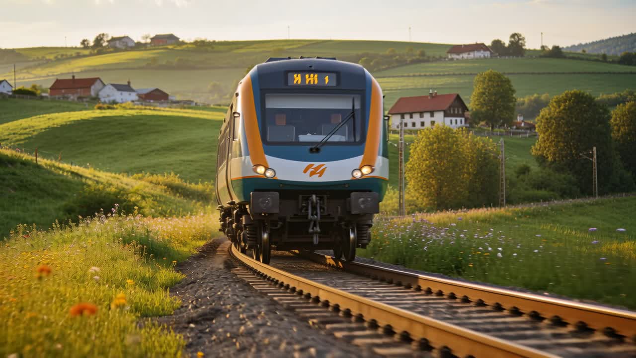 Telecamera che riprende un treno passeggeri che curva su un unico binario attraverso i campi, trasportando passeggeri