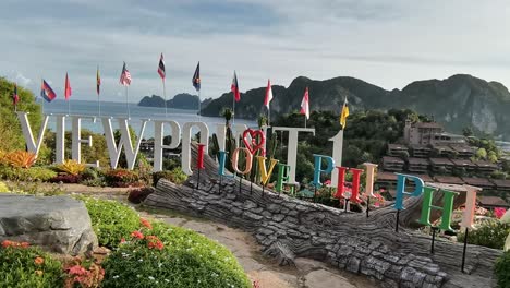 koh phi phi viewpoint 'i love phi phi' signage overlooking the island in a botanic garden