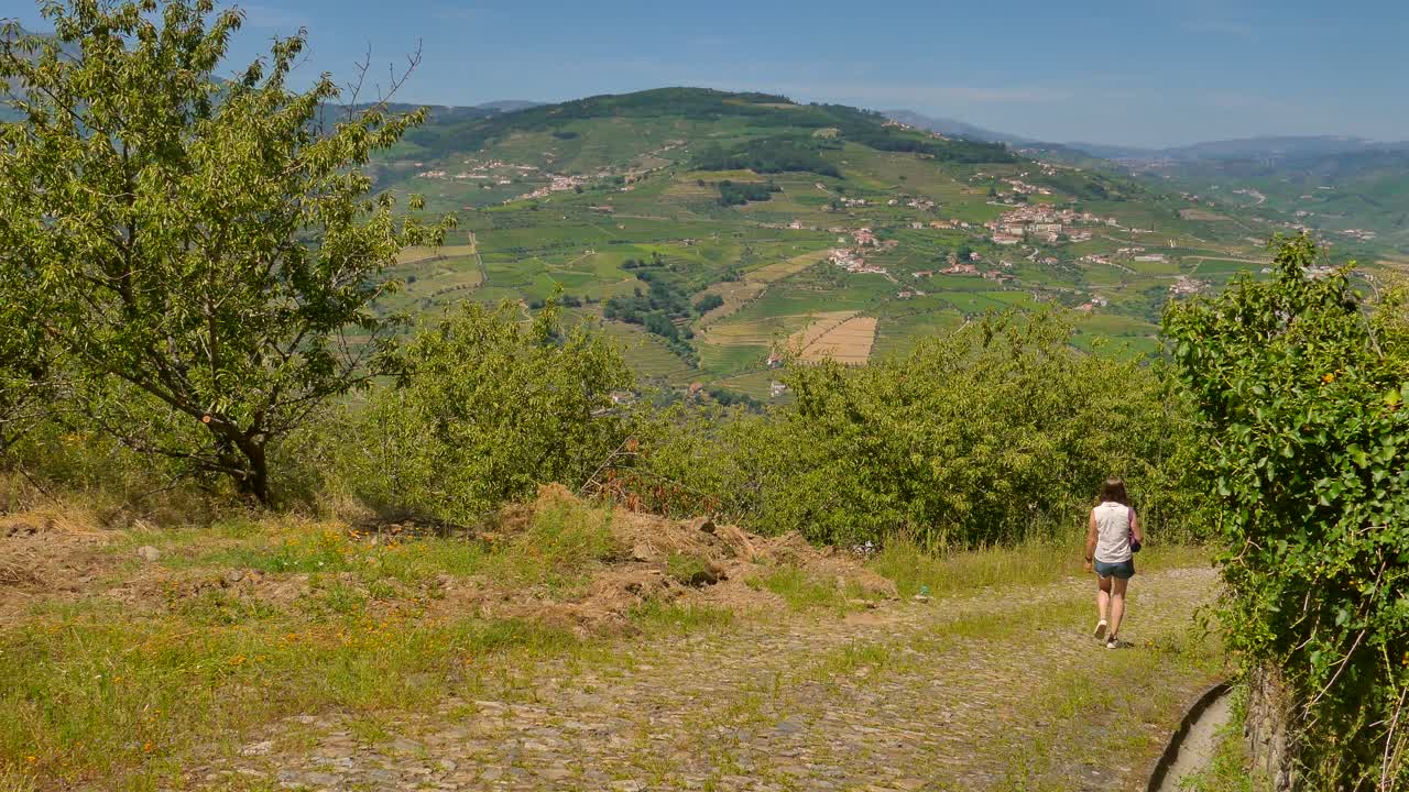 pan grabado con una chica caminando por un sendero salvaje en el valle del douro en portugal
