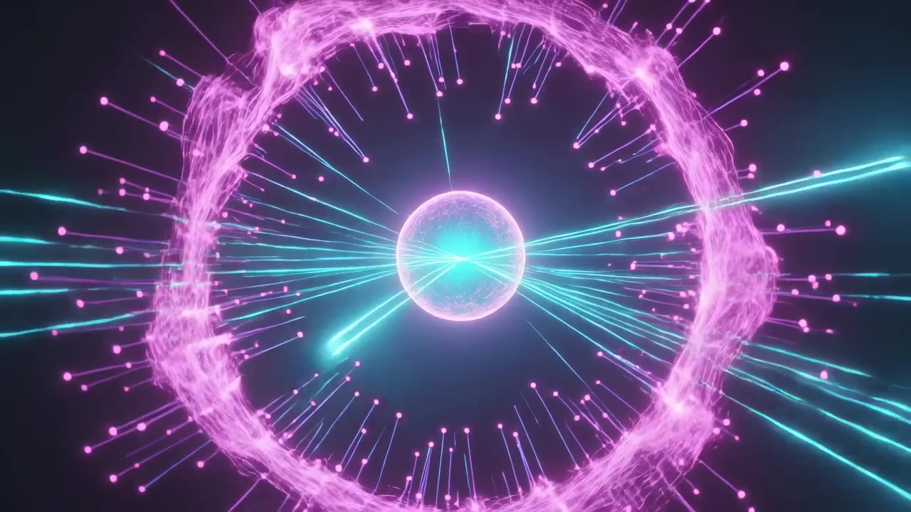 Raggi verde acqua convogliati da destra, nucleo ciano e anello magenta che attirano energia verso l'interno nello spazio profondo.