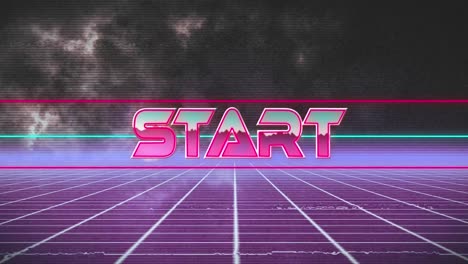 Digital-animation-of-start-text-over-neon-banner-against-grid-network-on-purple-background