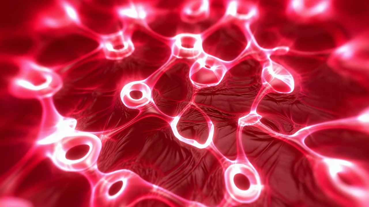 Anelli luminosi con bordo bianco fluttuano e si deformano all'interno di una superficie rosso intenso mentre filamenti connettivi si espandono e si contraggono, creando forme organiche stratificate, riflessi levigati e movimento continuo