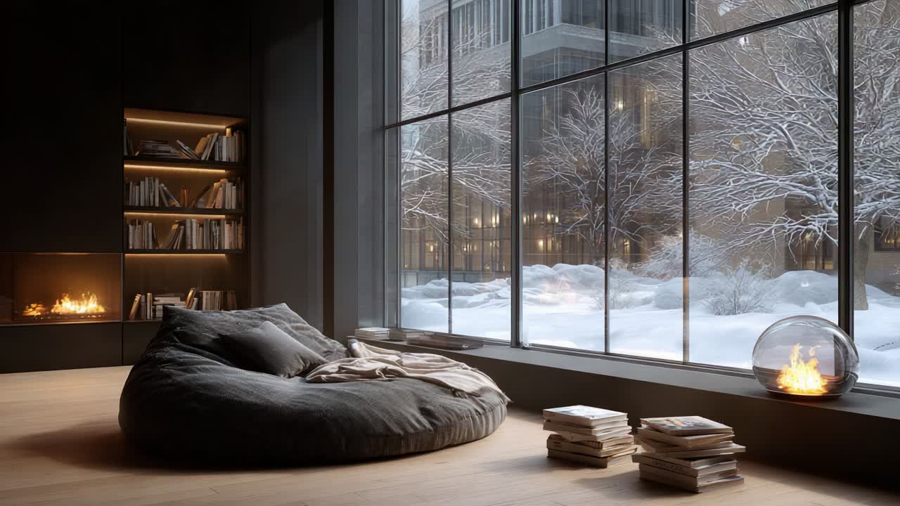 Cozy Winter Retreat: A Warm Bean Bag Chair by a Large Window Overlooking a Snowy Landscape, Enveloped in the Comforting Glow of a Fireplace, Creating an Inviting Atmosphere Perfect for Relaxation