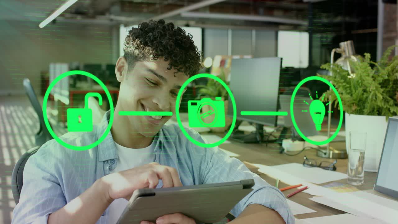 Man tapping tablet in tech office, initiating green HUD padlock camera lightbulb unlocking access