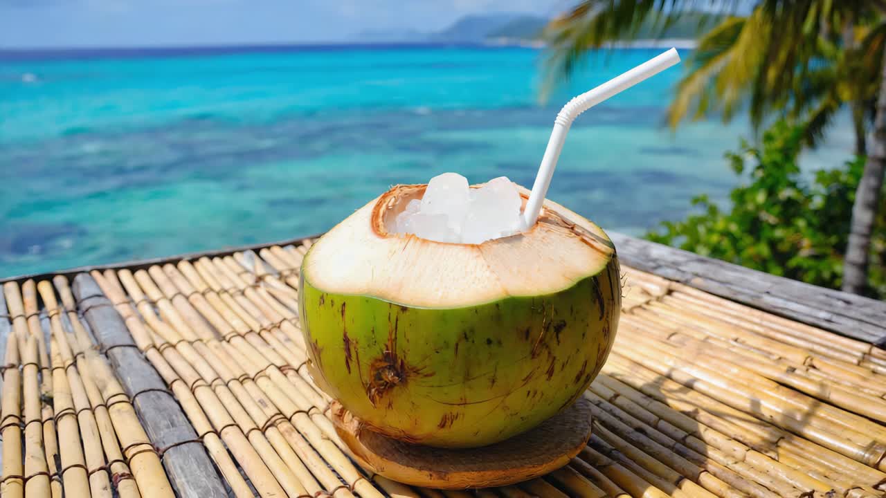 Fresh green coconut with ice and straw is standing on bamboo table on beautiful tropical beach with crystal clear turquoise water and palm trees
