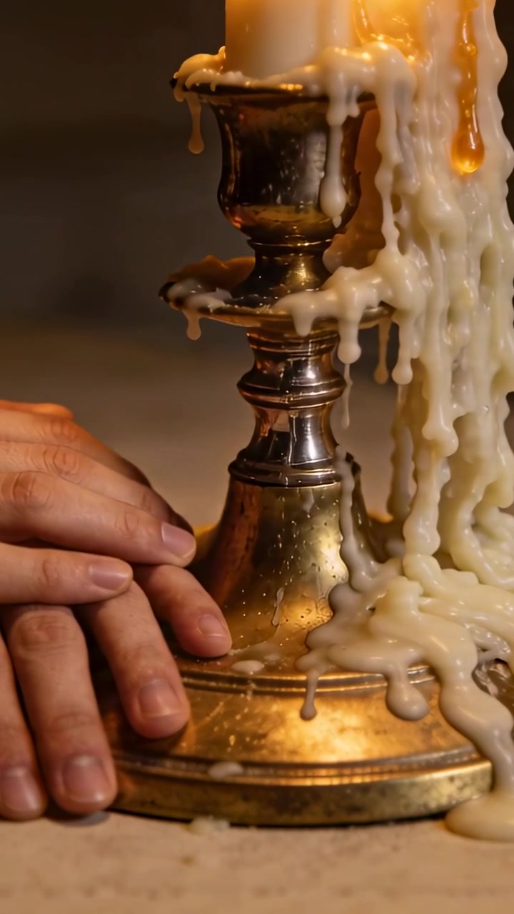 Vertical video: Adjusting adult hands responding to flame melting wax on dim table, brass holder