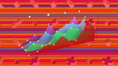 animation of statistical data processing and abstract shapes against striped background