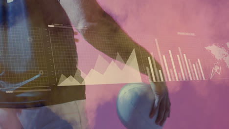 Holding rugby ball, player with animation of data charts overlaying scene