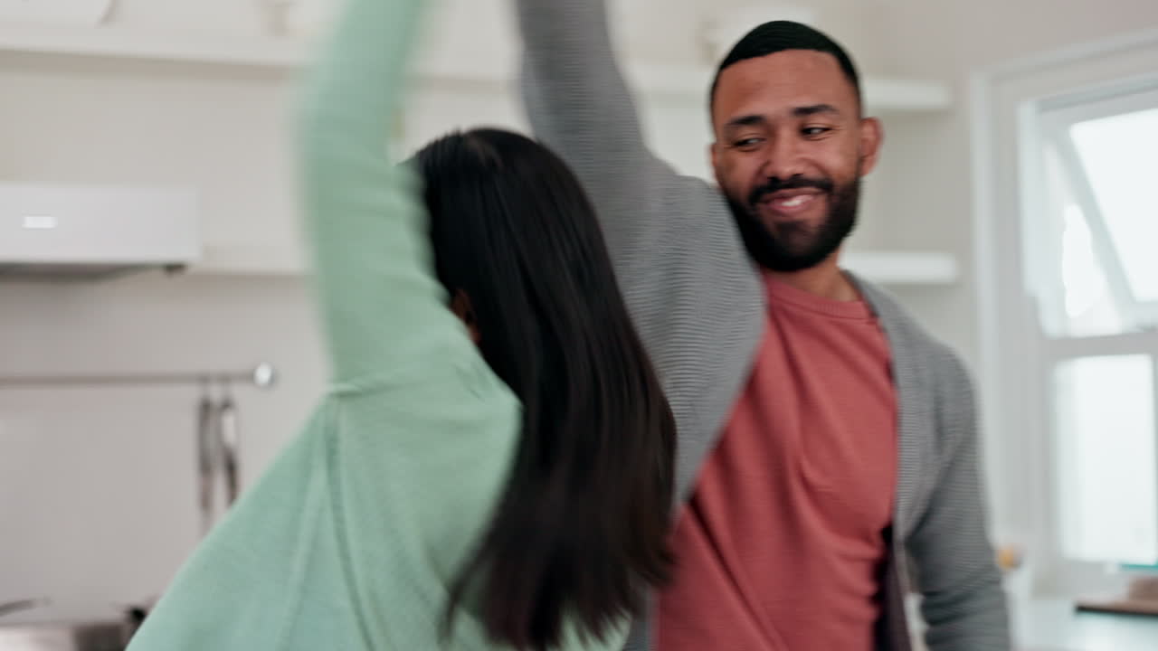 Home, dancing and couple with marriage